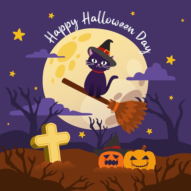 Cat on Flying Broom in Fullmoon Night of Halloween Day at Graveyard Vector Illustration