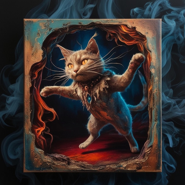 a cat in a frame with flames and a fire in the background