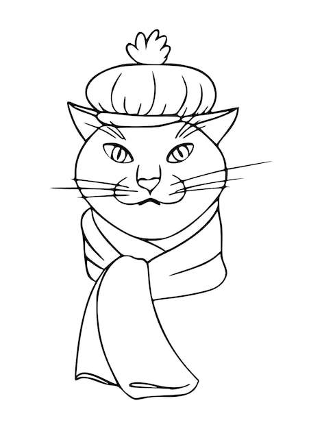 Cat in a funny hat and scarf avatar. Cute cat with a headdress, drawn in a doodle style, isolated on