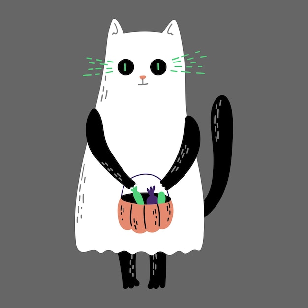 Cat In Ghost Costume Hand Drawn Halloween Illustration