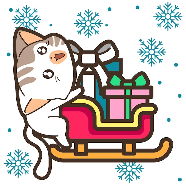 Cat and gift on sleigh in Christmas day