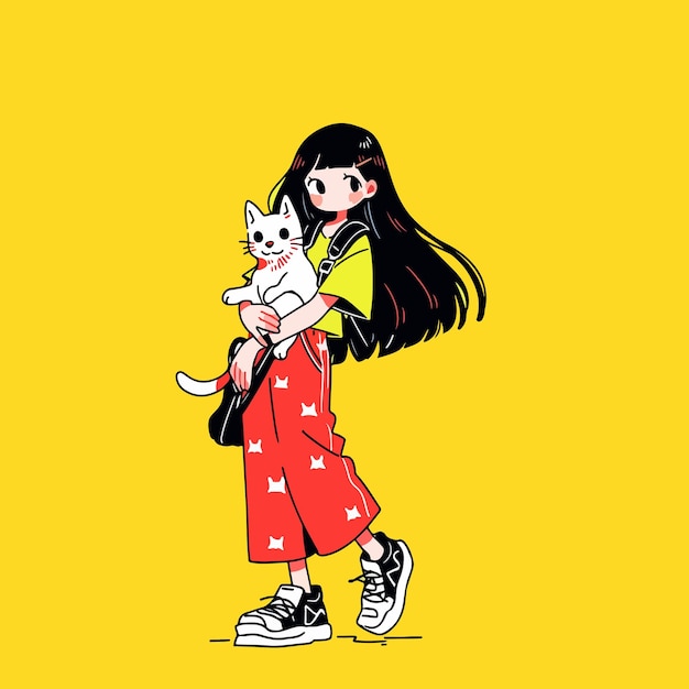 Cat and Girl Cartoon Illustration