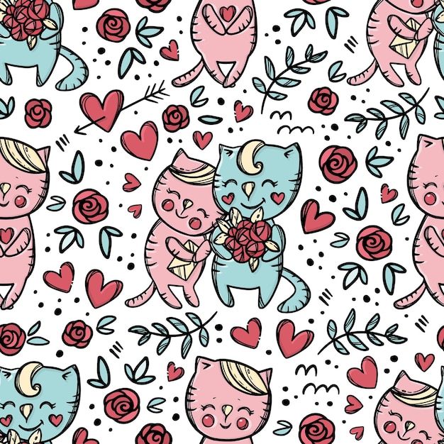 CAT GIVES BOUQUET Roses To His Girlfriend Who Holds Letter And Smiles. Valentine Day Cartoon Hand Drawn Colorful Seamless Pattern