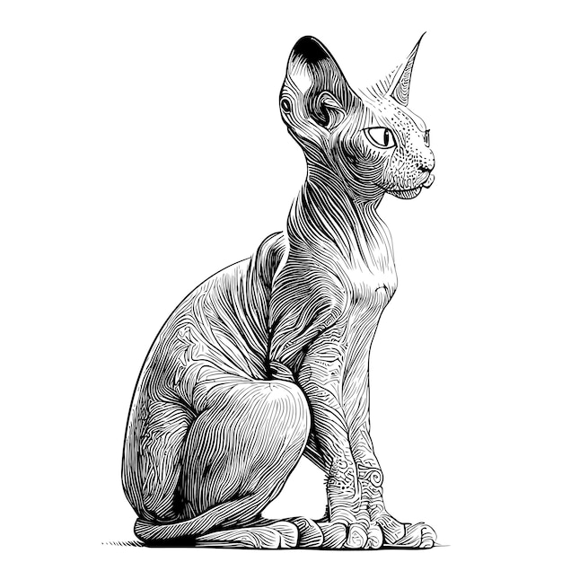 Vector cat hairless sphinx breed sketch hand drawn engraved style vector illustration