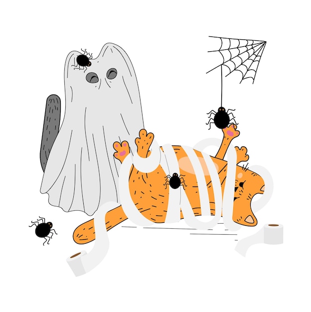 Cat and Halloween. Autumn. sticker. Card. Kitty. Pumpkin and flowers. Jack. doodle. Flat style.