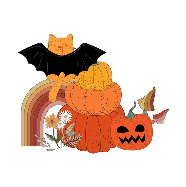 Cat and Halloween. Autumn. sticker. Card. Kitty. Pumpkin and flowers. Jack. doodle. Flat style.