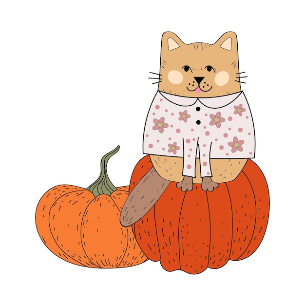 Cat and Halloween. Autumn. sticker. Card. Kitty. Pumpkin and flowers. Jack. doodle. Flat style.