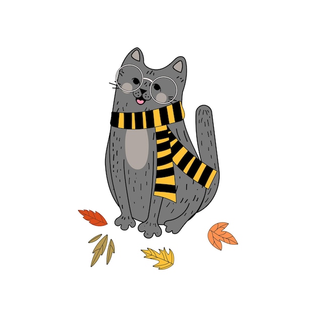 Cat and Halloween. Autumn. sticker. Card. Kitty. Pumpkin and flowers. Jack. doodle. Flat style.