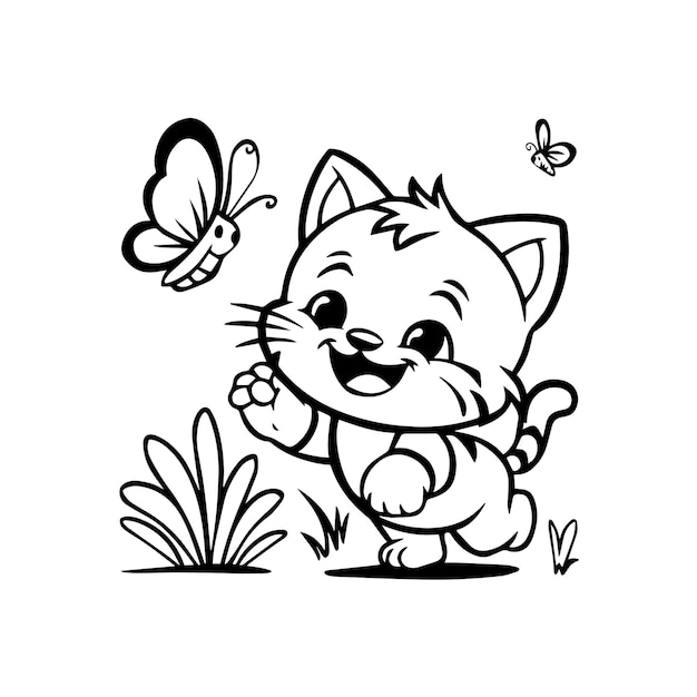 The cat has a smile on its face and is looking at a butterfly that is in front of it and slightly ab