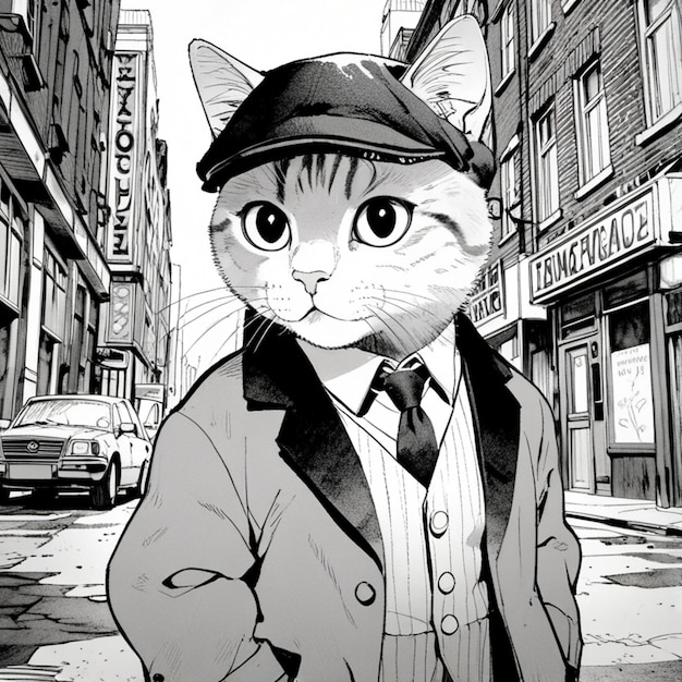 Vector a cat in a hat and coat stands on a street with a sign that says  police