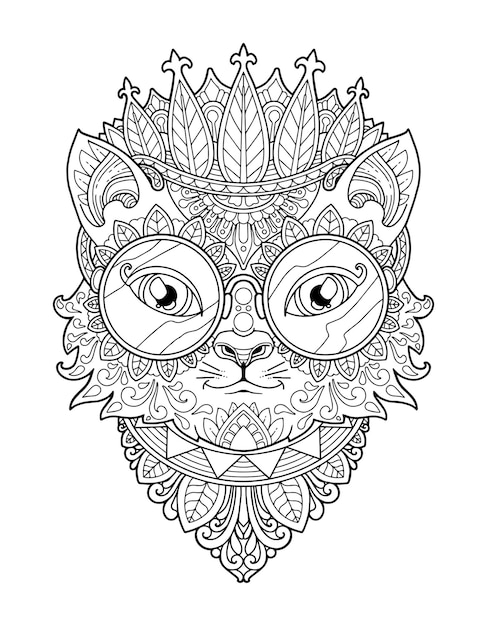 Cat head coloring page mandala design. print design.