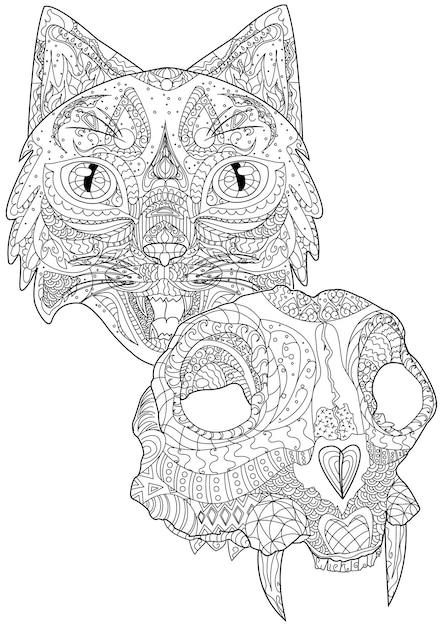 Cat head facing front and dead feline skull with fangs colorless line drawing large kitten heads