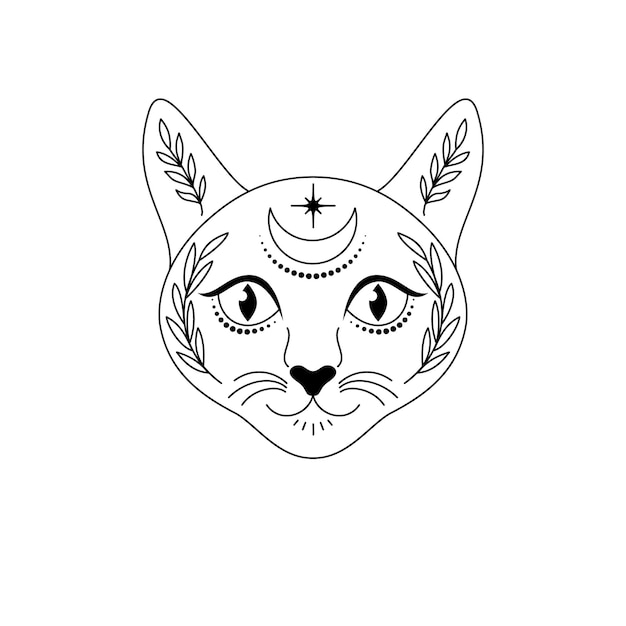 Cat head in line art style with crescent moon and plants on white background. Temporary tattoo for kids.