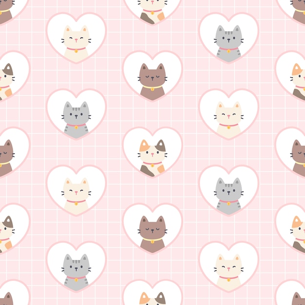 Cat in a heart frame seamless  repeating pattern, wallpaper background, cute seamless pattern background