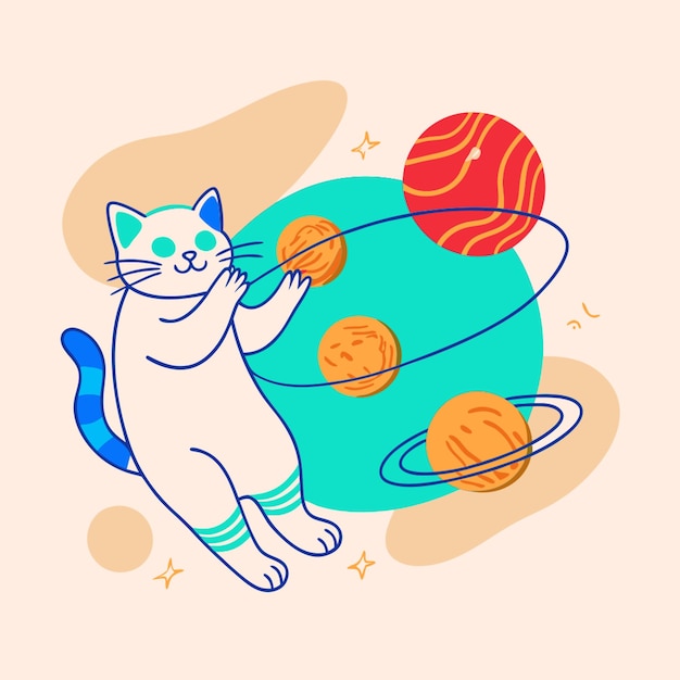 Vector cat holding gold coins in space next to a planet emphasizing cosmic savings vector illustration