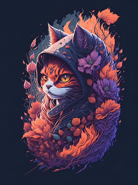 A cat in a hoodie with flowers and leaves.