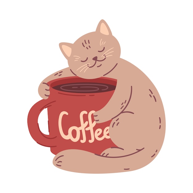 Cat hugs a big coffee cup.  illustration for coffee house