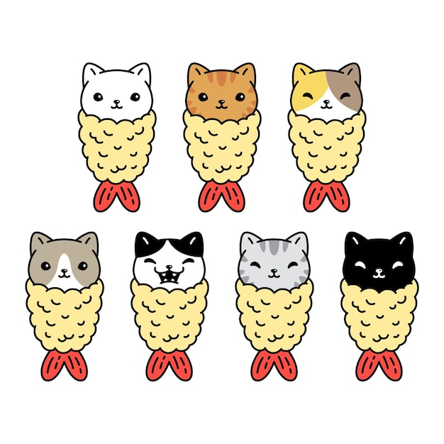 cat icon tempura kitten calico japan food character cartoon pet illustration