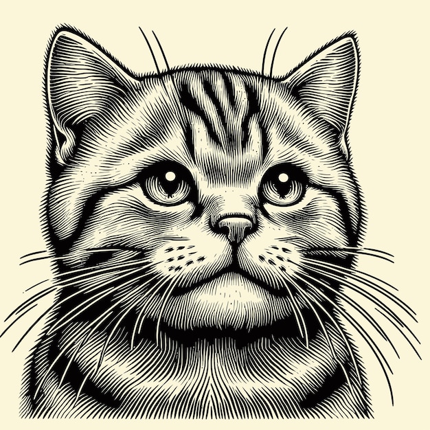 cat illustration with engraving style