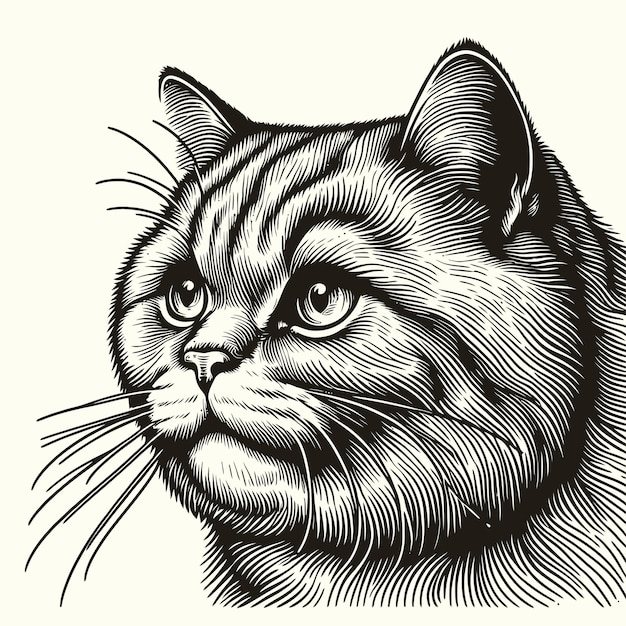 cat illustration with engraving style