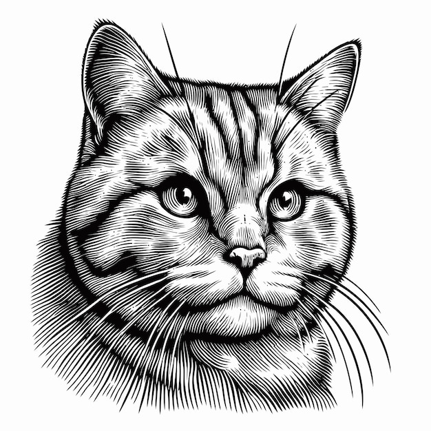 cat illustration with engraving style