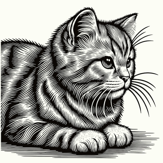 cat illustration with engraving style