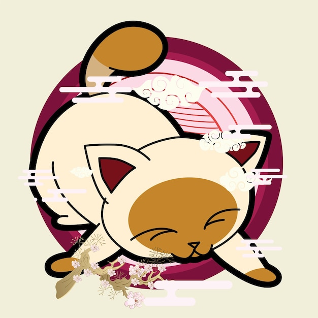 cat illustration with japanese style background, labels, logo