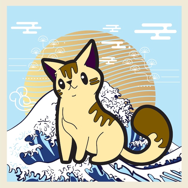 cat illustration with japanese style background for logo, labels, and background