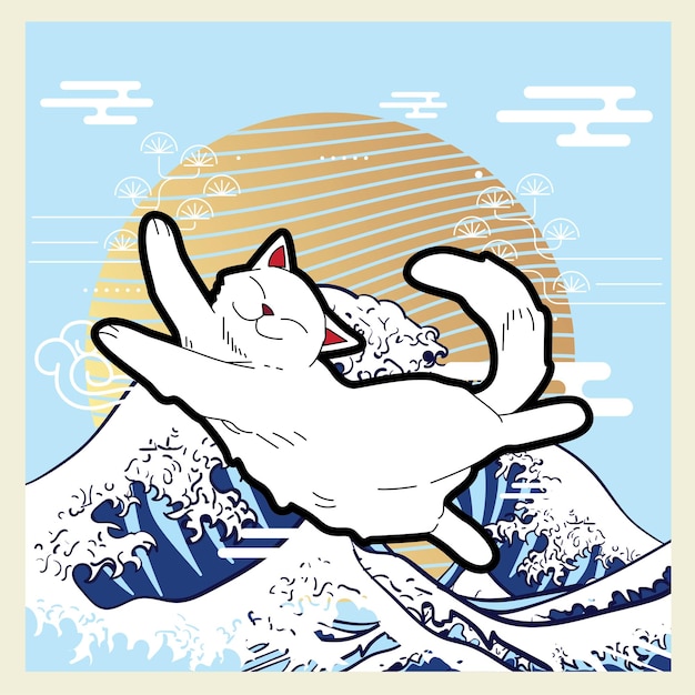 cat illustration with japanese style background