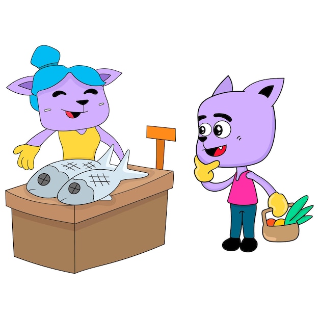 A cat is buying fish at the market. cartoon illustration cute sticker