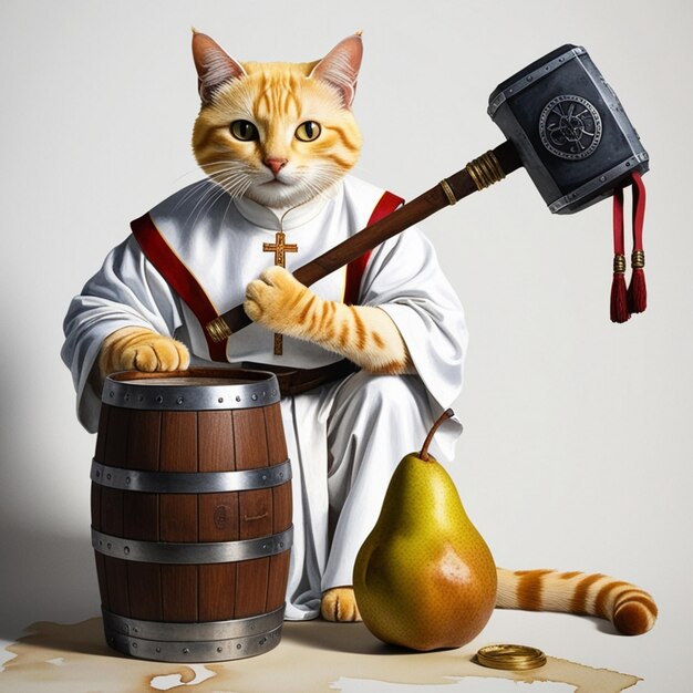 Vector a cat is holding a hammer and a jug of fruit