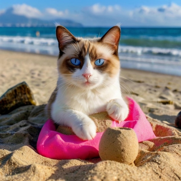 Vector a cat is laying on a pink towel on the beach