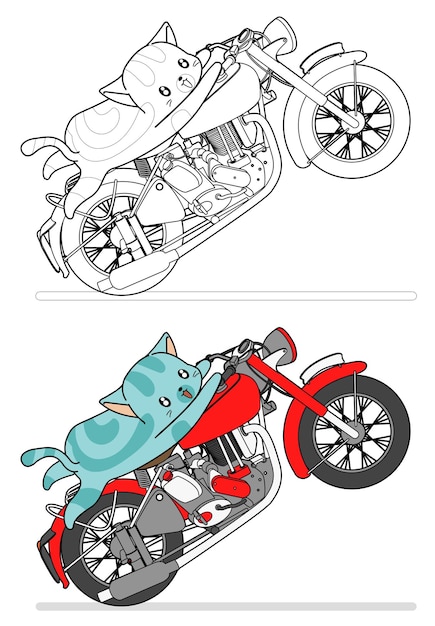 Cat is riding motorcycle cartoon easily coloring page for kids