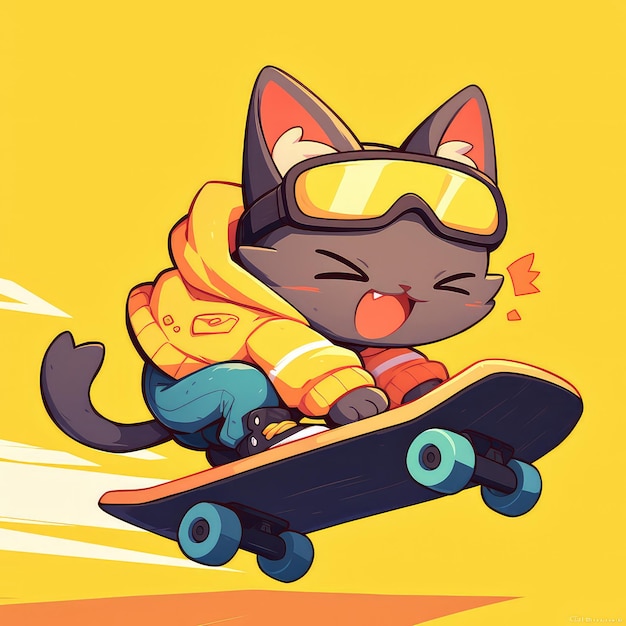 A cat is riding a skateboard cartoon style