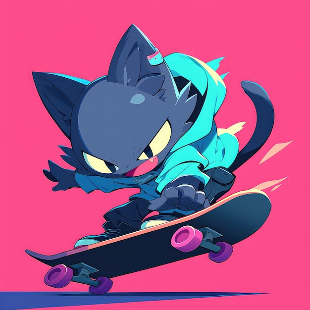 A cat is riding a skateboard cartoon style