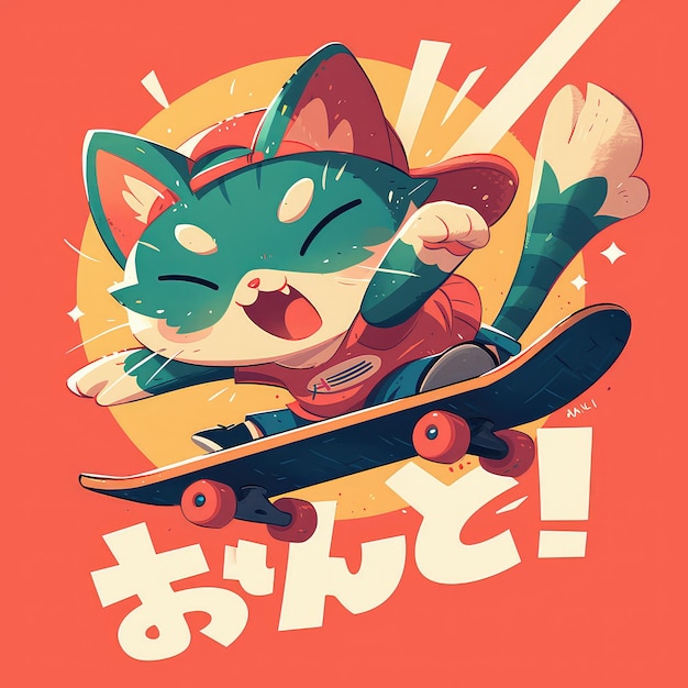 A cat is riding a skateboard cartoon style