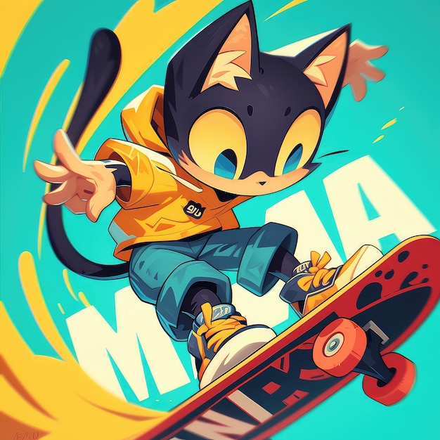 A cat is riding a skateboard cartoon style