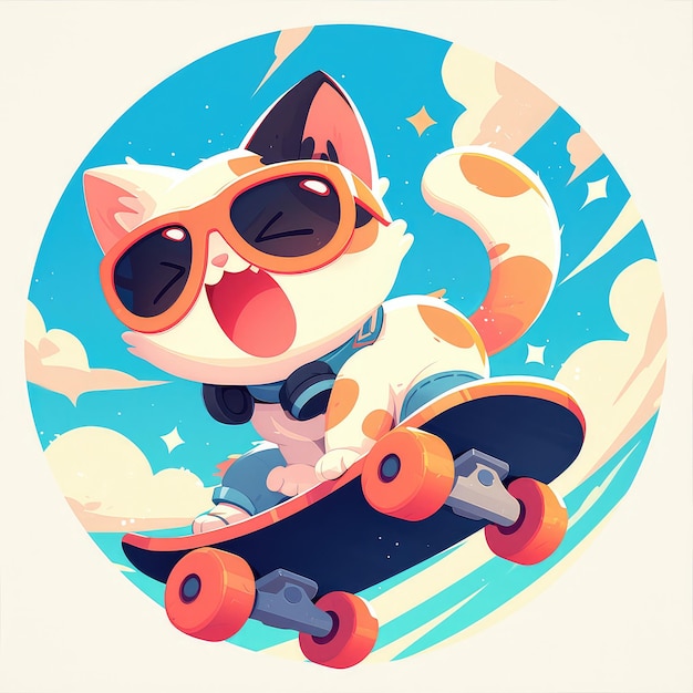 A cat is riding a skateboard cartoon style