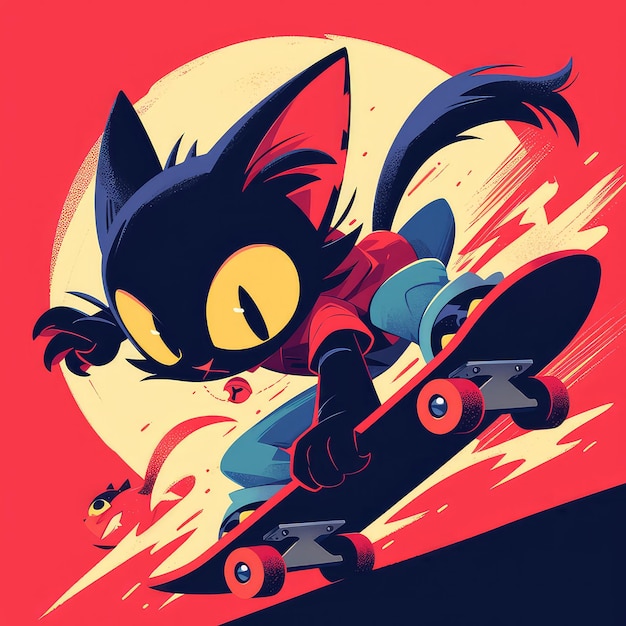 A cat is riding a skateboard cartoon style