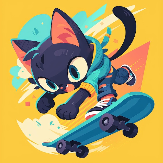 A cat is riding a skateboard cartoon style