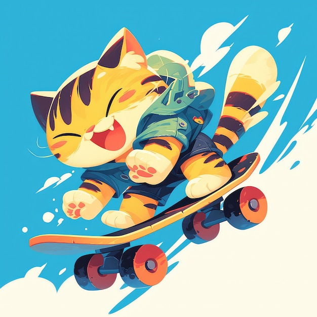 A cat is riding a skateboard cartoon style