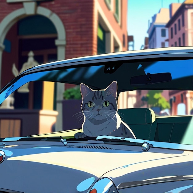 a cat is sitting in a car with the words  go - go  on the window