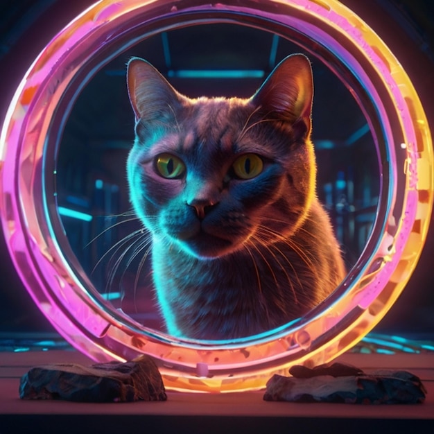 Vector a cat is sitting in a circle with a neon sign that says  cat