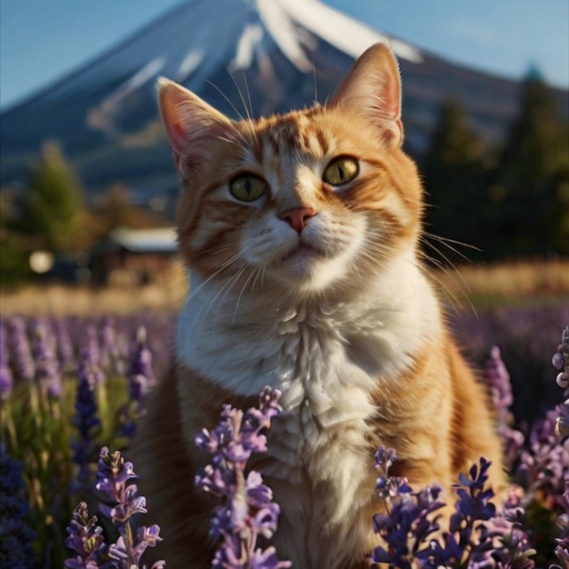 a cat is sitting in a field of lavender