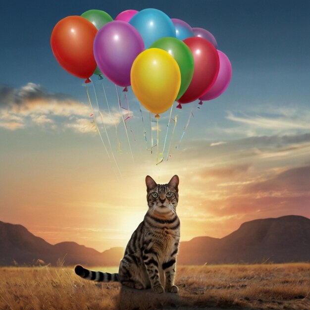 Vector a cat is sitting in a field with balloons in the background