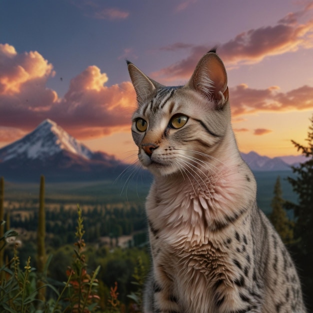 Vector a cat is sitting in front of a mountain with a sunset in the background