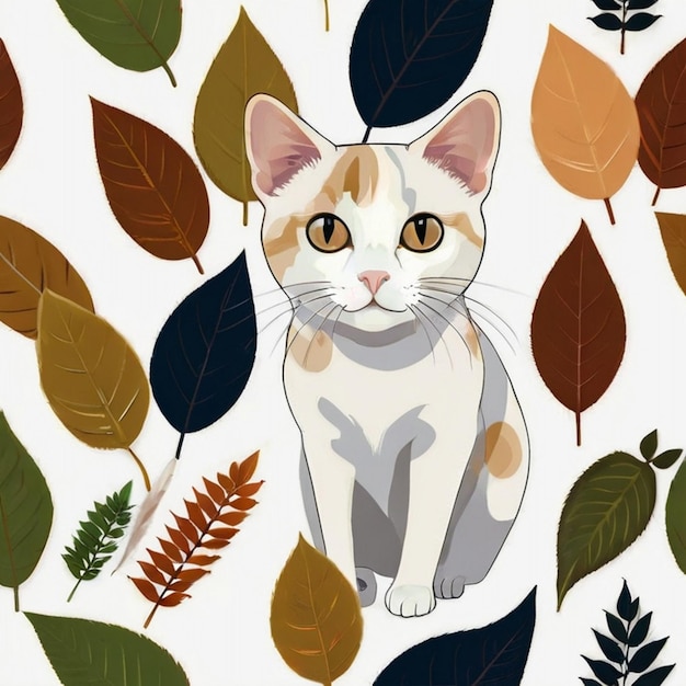 a cat is sitting in front of some autumn leaves