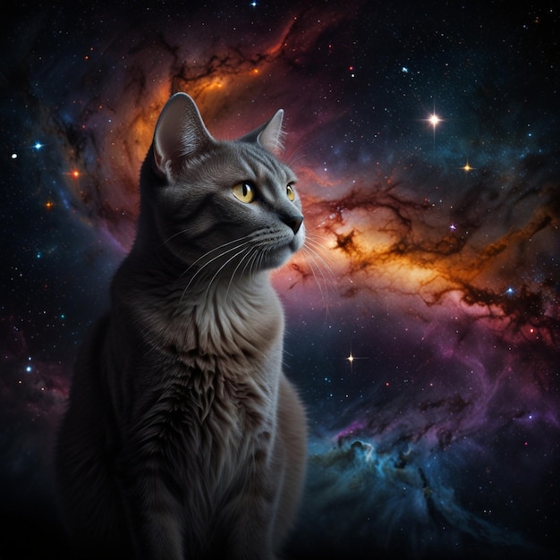 Vector a cat is sitting in front of a star filled sky