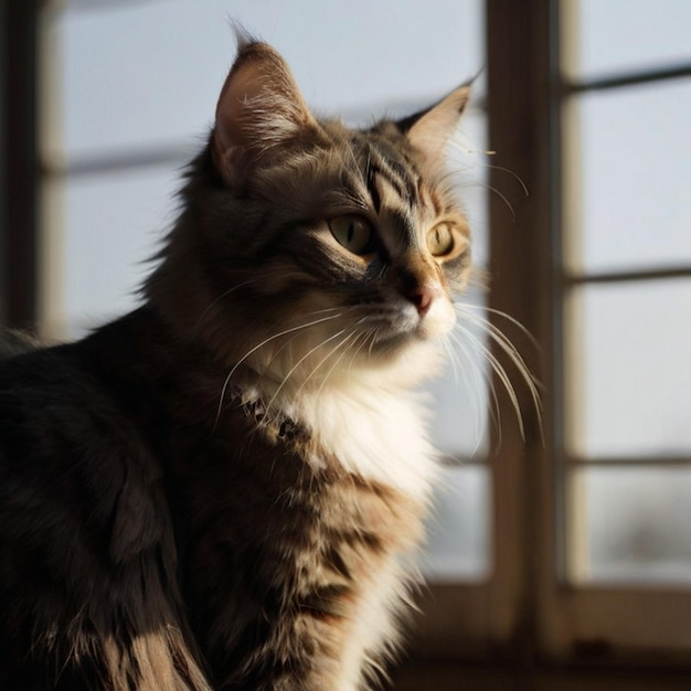 Vector a cat is sitting in front of a window with the sun shining through