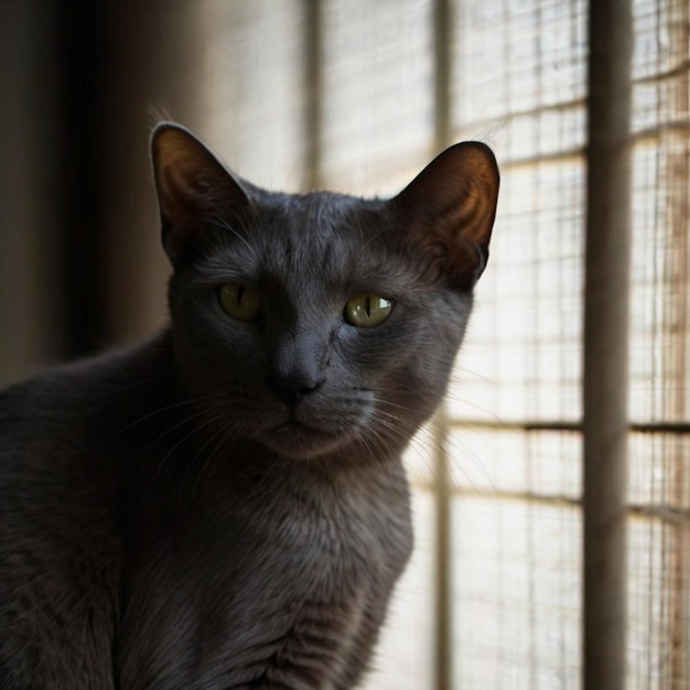 a cat is sitting in front of a window with the sun shining through